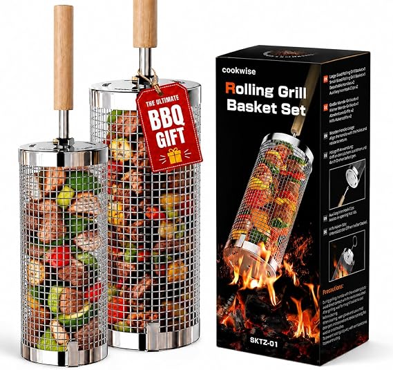 cookwise Rolling Grill Basket,Upgraded 304 Stainless Steel,Nesting Grilling Net,Removable Wooden Handle,BBQ Accessories Tools for Veg,Prawns & Meat,Camping Outdoor Cooking,Gifts for men Dad