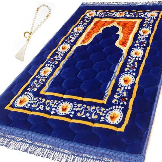 Prayer Rug Muslim Mat Islamic - Padded Very Thick Prayer Rug Sajadah for Men Women with Islam Prayer Beads, Soft and Luxury (Blue)