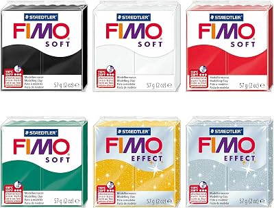 FIMO Soft and Effect Polymer Oven Modelling Clay - 57g - Set of 6 Colours - Christmas Tones