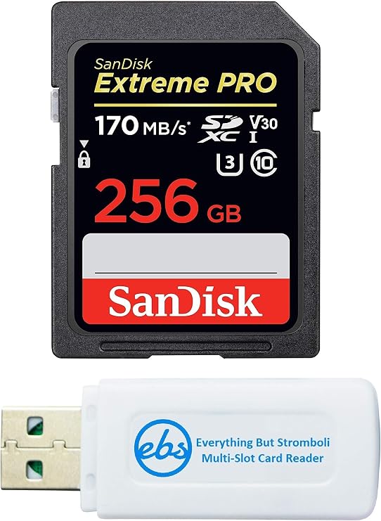 SanDisk 256GB Extreme Pro SD Card SDXC UHS-I Card for Sony Alpha a7C, a6600, a6100, a6400 Camera (SDSDXXY-256G-GN4IN) U3 UHD Video Class 10 Bundle with (1) Everything But Stromboli Memory Card Reader