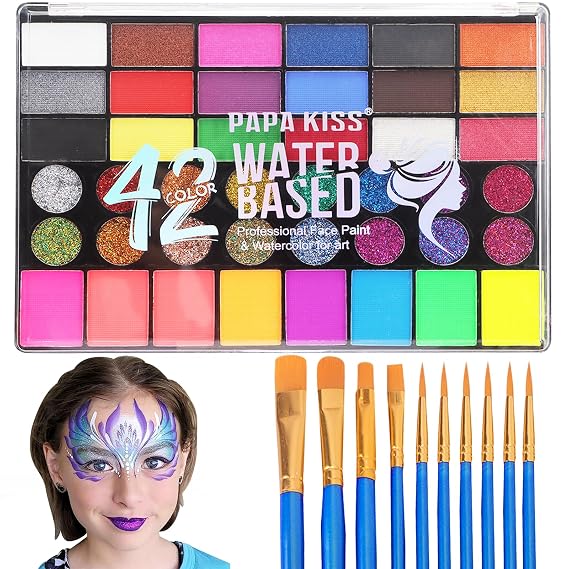 42 Color Face Painting Kit, Water Activated Face Paint Kit, Safe for Sensitive Skin Easy to Use, With Stencils & Brushes, Facepaint Makeup Kit for Parties, Birthdays, Halloween