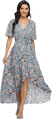VintageClothing Womens Wrap V Neck Floral Summer Dresses High Low Maxi Casual