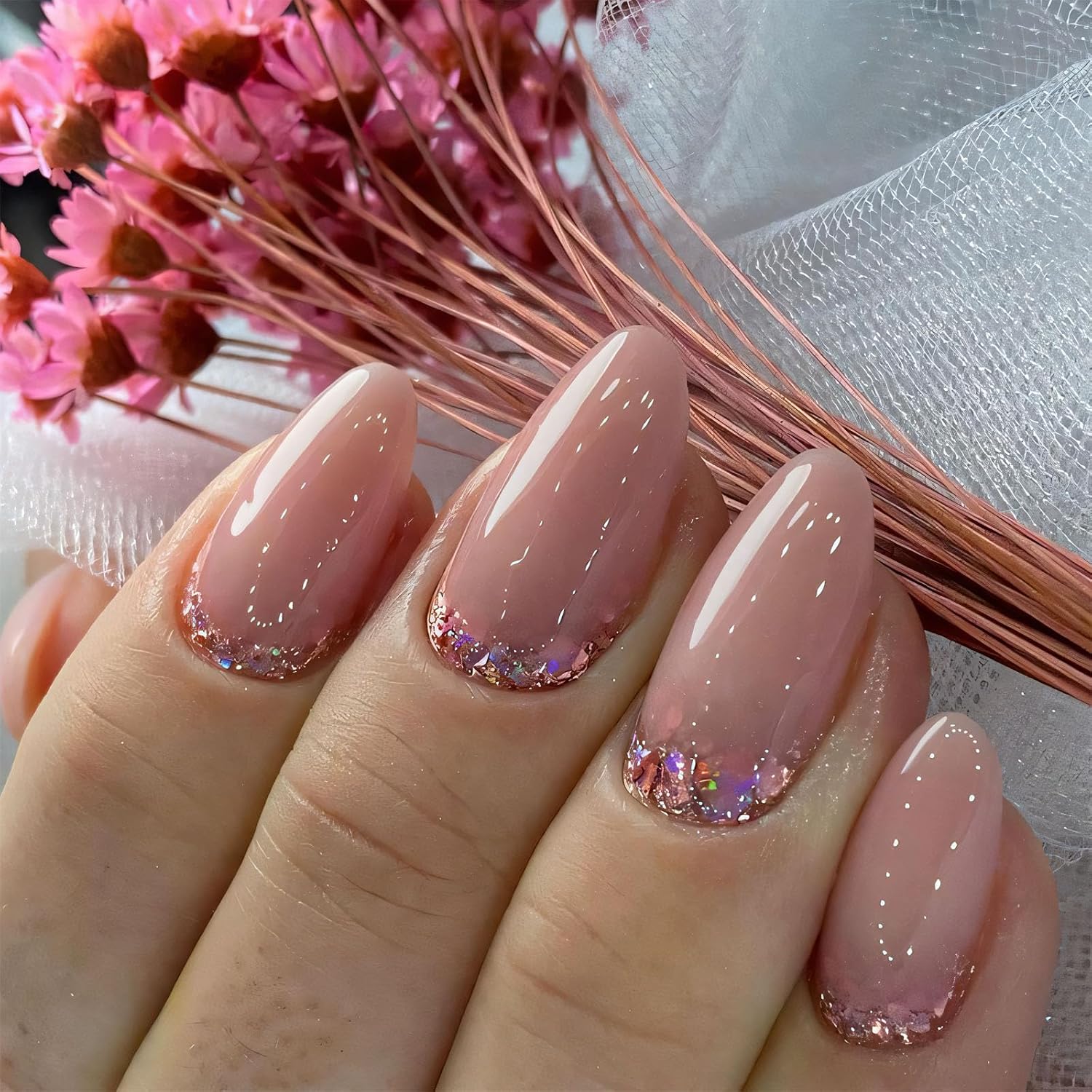 Short Press on Nails Almond Glitter Fake Nails Glossy Nude False Nails Oval Acrylic Nails Full Cover Nails Almond Stick on Nails pressed nails ons 24 Pcs