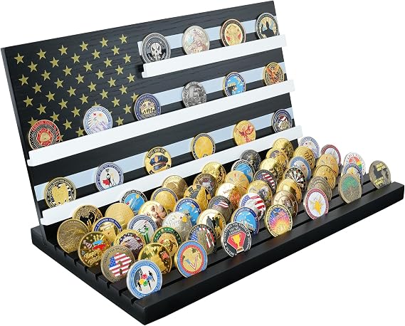 Challenge Coin Display Stand 11 Rows Wooden Military Coin Holder Rack with American Flag Army Coin Display Case Holds 106 Coins, Black