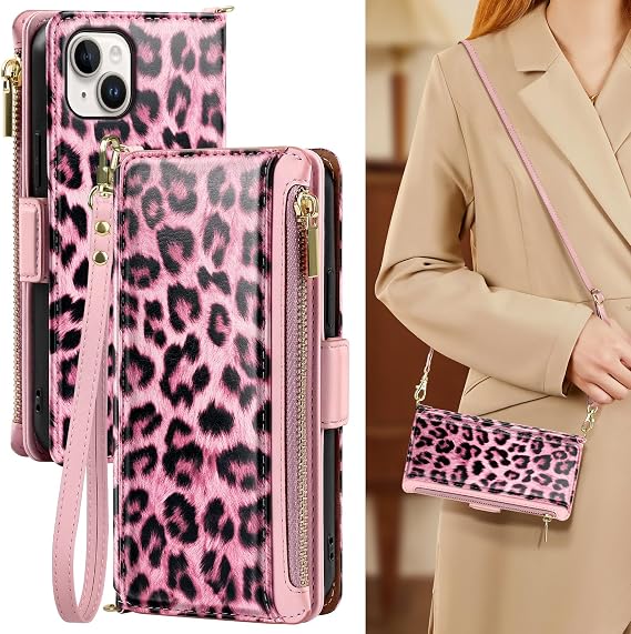 Antsturdy Crossbody Phone Wallet Case for iPhone 15 Plus,Leopard - Pink