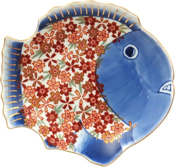 Hasami Ware 009070-541 Hayashi Kyurou Kiln, Gorgeous Kyomari Style, Snamper Shaped Plate, Cherry Blossom Filled