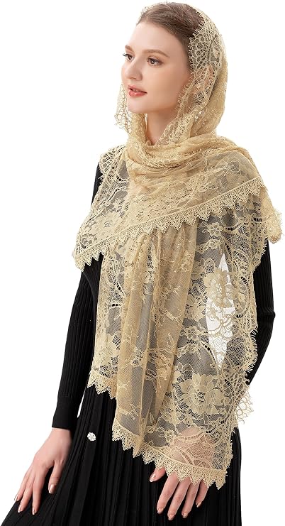 PAMOR Rectangular Chapel Veil Spanish Lace Floral Mantilla Veils Wrap Shawl Mass Head Covering
