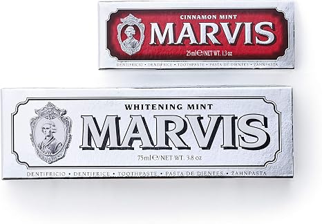 Marvis Toothpaste, White Mint 2.5 fl oz 75 ml & Cinnamon Mint 0.8 fl oz 25 ml Set of 2, Value Pack, Made in Italy, Oral Care