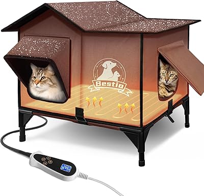 Large Heated Cat House for Outside 21x17x17 in with Elevated Base Cat-Attracting Eave Design Feral Stray Shelter,Intelligent Controller and Waterproof Cat Heated House Shelter for Outdoor