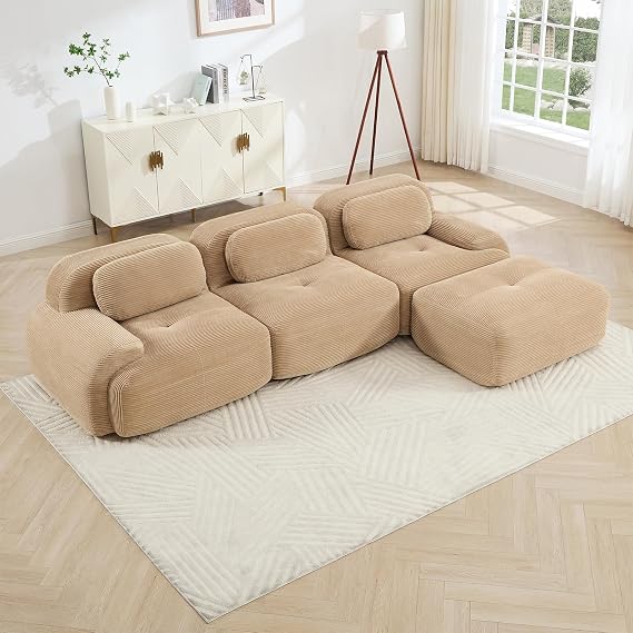116" Modern Corduroy Cloud Sofa with Ottoman, L Shaped Boneless Modular Large Sectional Couches for Living Room, Camel 3 Seater Compressed Memory Foam Couch, Extra Deep Seat, No Assembly
