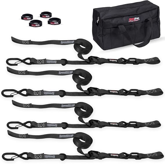 SpeedStrap Cam-Lock Tie-Down Kit for Motorcycle, ATV and Snowmobile - 2,500 lb MRC, Includes (4) Cam-Lock Buckle Straps 1" x 10, SpeedWraps, Storage Bag (Black)