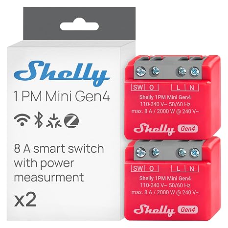 Shelly 1PM Mini Gen4 - Wi-Fi Smart Relay Switch, 1 Channel, 8A, Real-Time Power Metering, Home Automation, Remote Control, No Hub Required, Matter, Alexa, Google Home, Apple HomeKit, Zigbee (2 Pack)