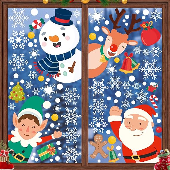 419PCS Christmas Window Stickers,Double Sided Snowflake Cling, Decorations for Glass and in Indoor,Gifts for Xmas Holiday Home Office Decor