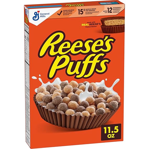 Reese's Puffs Chocolatey Peanut Butter Breakfast Cereal, 11.5 oz | Made with Real Reese's Peanut Butter, 15g Whole Grain Per Serving, Good Source of Calcium, 12 Vitamins & Minerals