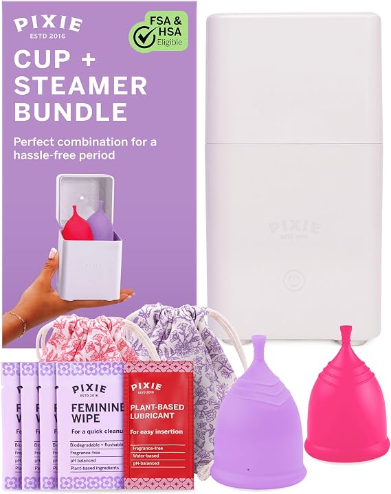 Pixie Menstrual Cups with Sterilizer - The Most Comfortable Soft Reusable Period Cup - Kills 99.9% of Germs with Clean Steam - Wash Your Cup in 3 Minutes! - Compact Sanitizer Kit for Feminine Care