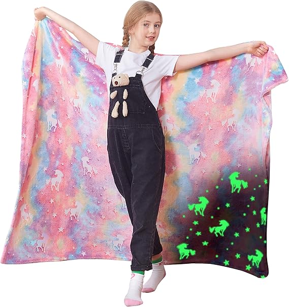 Catalonia Pink Unicorn Blanket for Girls, Rainbow Glow in the Dark Throw Blanket for Girls Aged 4-10, Plush Fleece Couch Blanket, Kids Valentine's Day Gifts Birthday