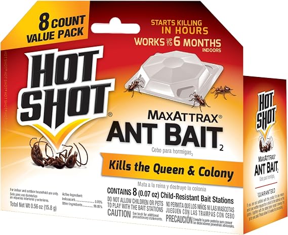 Hot Shot MaxAttrax Ant Bait 8 Count, Child-Resistant Bait Stations | Starts Killing In Hours; For Indoor & Outdoor Use, Works up to 6 Months Indoors, Child Resistant Bait Stations