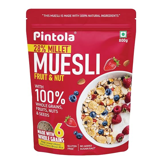 Pintola Fruit & Nut Muesli with 28% Millet & 68% Wholegrains, Healthy-Fruity Breakfast cereal with 6 nuts, dried fruits & Dates, No Preservatives, No added sugar|Rich in Dietary Fibre & Protein