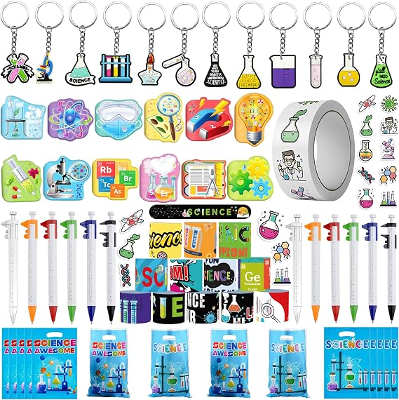 Science Party Gift Set with Mini Notebooks Ballpoint Pen Slap Bracelets Keychains Stickers and Goodie Bag for Science Themed Party Supplies Teacher School Gifts Lab Week Chemistry Class Reward