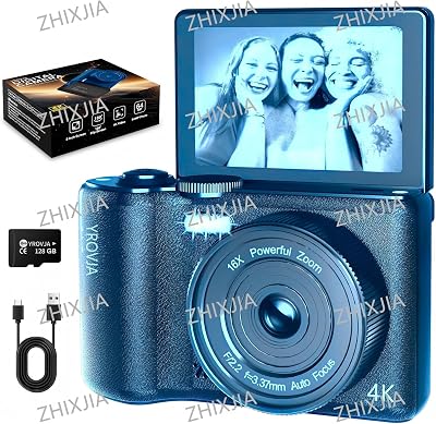 4K Digital Camera for Photography and Video, 2025 Latest 64MP Vlogging Camera for YouTube with 128G TF Card 180°Flip Screen Compact Travel Camera 16X Zoom, Anti-Shake,Suitable for Beginners, Blue