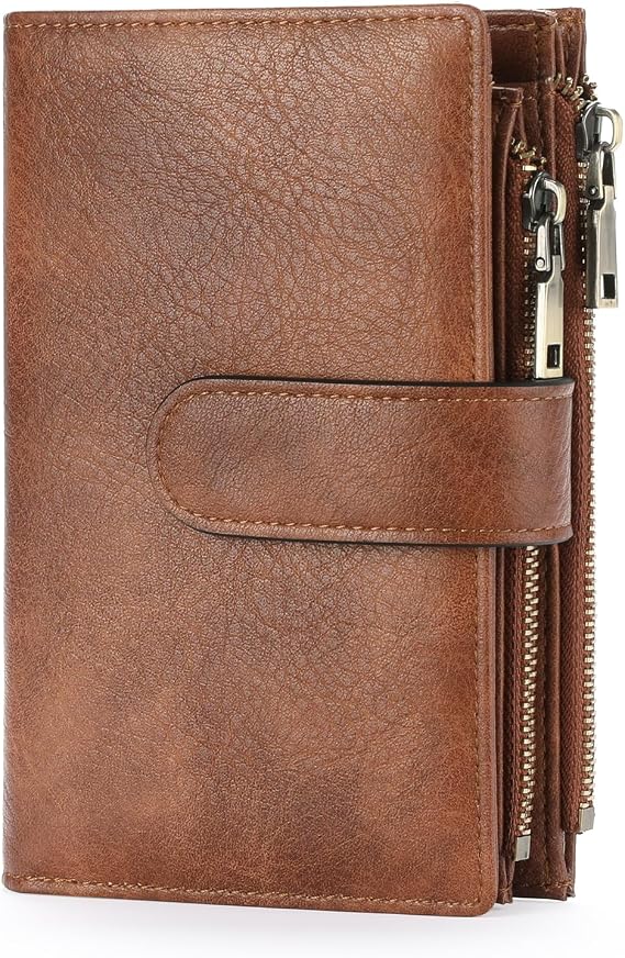 GOIACII Leather Purses for Women, Bifold Compact Womens Wallet with RFID Blocking, Medium Ladies Purse Credit Card Wallet with 16 Card Slots and Zip Coin Pocket