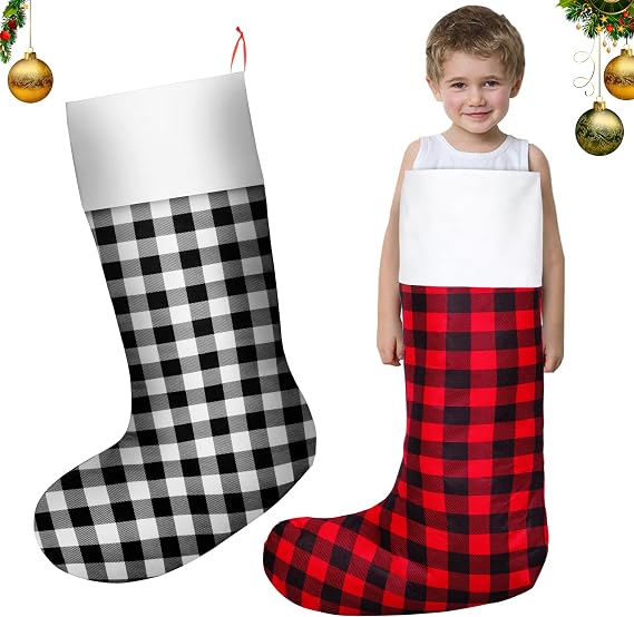 Iceyyyy 2 Pcs Jumbo Plaid Christmas Stocking - 39 Inch Oversized Buffalo Plaid Christmas Stocking Giant Christmas Stocking for Kid Family Christmas Party Decorations