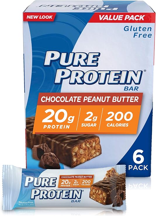 Pure Protein Bars, High Protein, Nutritious Snacks to Support Energy, Low Sugar, Gluten Free, Chocolate Peanut Butter, 1.76 oz, Pack of 6