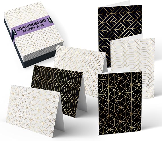 Better Office Products 50 Pack All Occasion Greeting Cards Box Set, 4 x 6 inch, 50 Assorted Blank Note Cards & 50 Envelopes, 6 Elegant Gold Foil Geometric Designs, Blank Inside