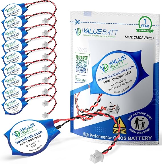 CMOS Battery CR2032 3V Lithium Battery with 2 Pin 2 Wire Cable CMOS Replacement for M11x R1 R2 Area-51 Motherboards (10-Pack)