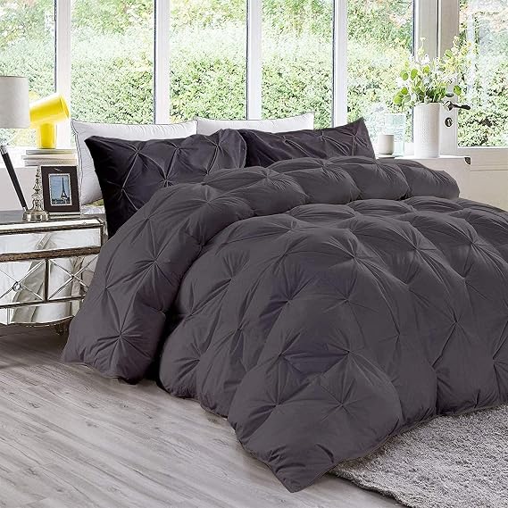 5pc Pinch Pleated Down Alternative Quilted Comforter Set (1 Comforter + 4 Pillow Cases) (Queen/Full XL Size 88 x 92 Inches, Dark Gray)