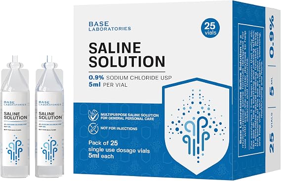 BASE LABORATORIES 0.9% Saline Solution Vials - Versatile 0.9% Sodium Chloride Saline Ampoules - Preservative Free Saline Solution Single use vials - USP Grade 25 Vials x 5ml Count
