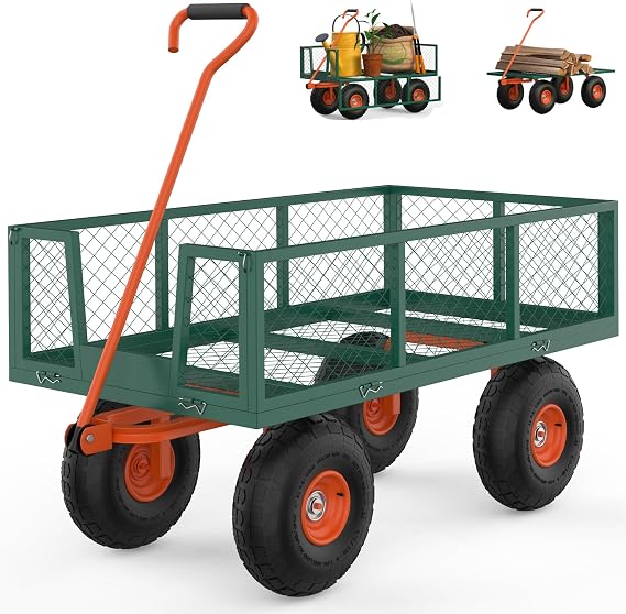 GarveeTech Steel Garden Cart, 900 LBS Capacity, Folding Utility Wagon with Removable Sides, 10 in Tires for Outdoor, Lawn and Garden, Heavy-Duty, Green & Orange