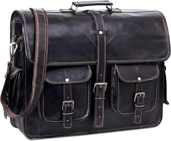 Black Leather Messenger Bag for Men and Women 18 Inch,Handmade Vintage Genuine Leather Laptop Bag for Men, Black, L