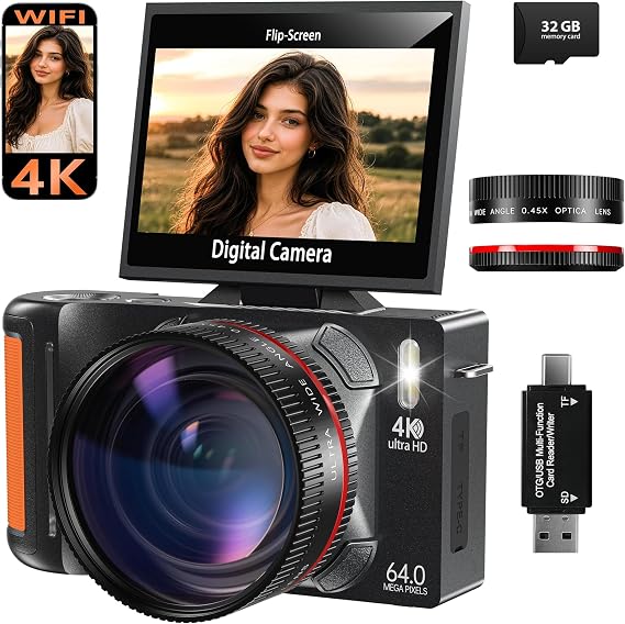 4K Digital Camera with 180° Flip Screen, Lens Cap, and 32GB Memory Card
