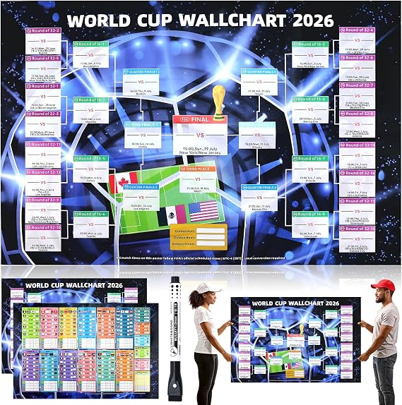 wokdsbl 2PCS World Cup Football 2026 Wall Chart Poster with Match Schedule and Score Tracker Interactive Football Poster 84 x 57 cm Foldable Waterproof Football Chart for Party Home Bar