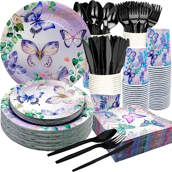 175Pcs Butterfly Birthday Party Supplies Set 9"Butterfly Dinner Plates 7"Pink Butterfly Dessert Plates Napkins Cup Knive Fork Spoon for Bridal Shower Butterfly Girl Party Birthday Decorations (Pink)