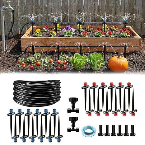 118FT Drip Irrigation System, Garden Watering System, Quick-Connect Drip Irrigation Kit for Lawn Raised Bed Greenhouse, Plant Watering System with 1/4'' Drip IrrigationTubing, Drip Emitters,Connectors