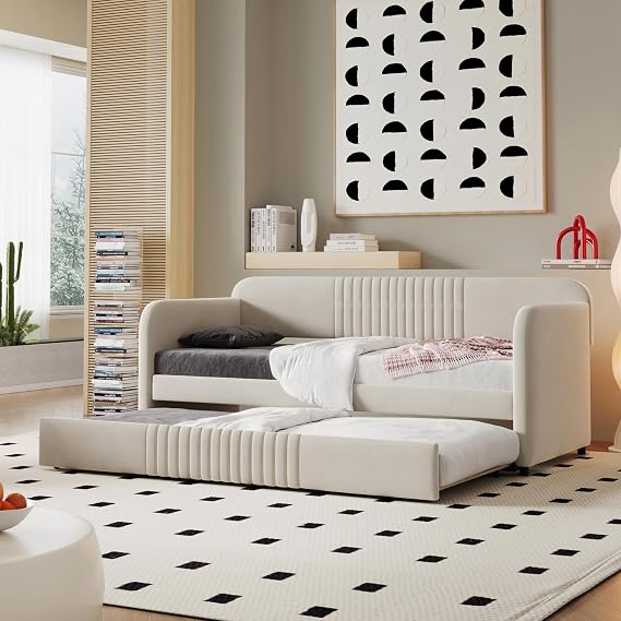 Bellemave Multi-Functional Twin Daybed with Trundle - Upholstered Sofa Bed & Guest Bed with Wood Slat Support for Living Room for Living Room, Bedroom, Beige