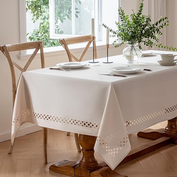 JIALE Rectangle Linen Polyester Tablecloth with Decorative Cutouts, Waterproof Tablecloth Wrinkle Free Spring Farmhouse Dining Tables Cover for Dining Party Camping, 55 x 70 inch, Beige