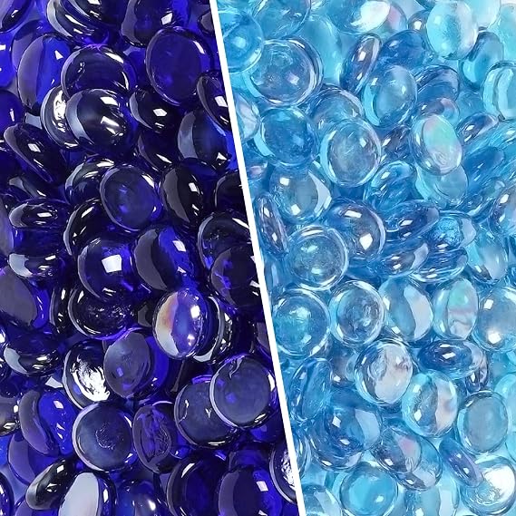 10LB Fire Glass Beads Flat Glass Marbles for Outdoor Fire Pit and Fireplace, Glass Gemstones for Vase Filler, Aquariums, Home Decor and Christmas DIY Craft (5LB Turquoise+ 5LB Cobalt)