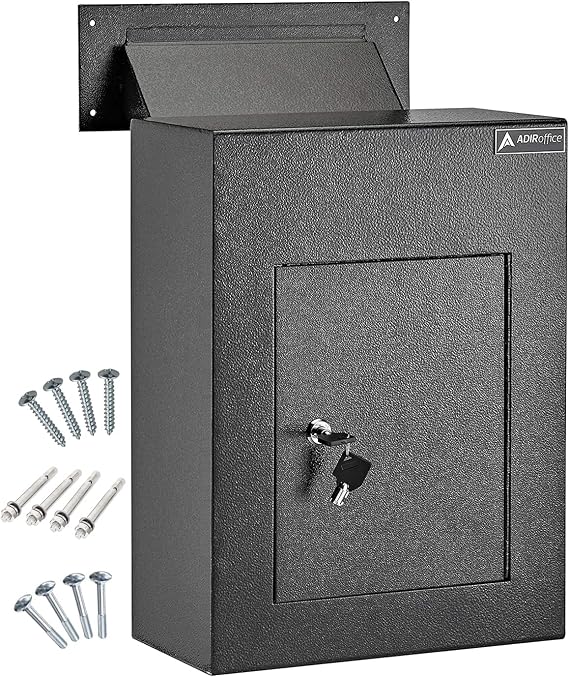 AdirOffice Through The Wall Drop Box Safe - Durable Thick Steel w/Adjustable Chute - Mail Vault for Home Office Hotel Apartment