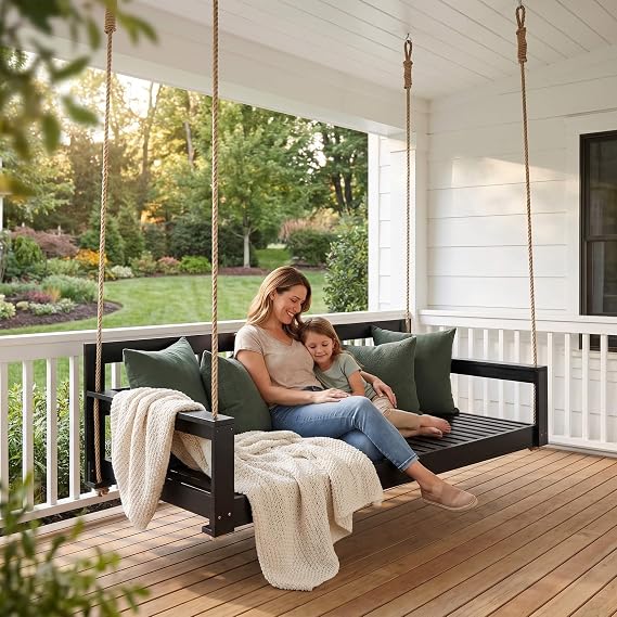 Wooden Porch Swing Bed Twin Size with 4 Heavy Duty Ropes, Outdoor Hanging Daybed Swing Bench for 2 Person, Acacia Wood Farmhouse Patio Swing Chair for