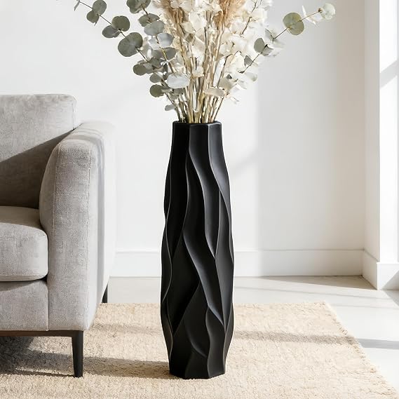 Black Tall Ceramic Floor Vase, 24 Inch, Pleated Wave Design | Matte Finish, Living Room, Fireplace, Entryway, Pampas Grass
