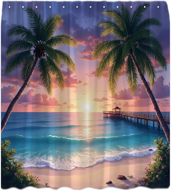 Ocean Beach Shower Curtain Tropical Palm Tree Sunrise Sea Waves Coastal Sunset Hawaiian Seaside Landscape Nature Bathroom Curtains Decor with Hooks