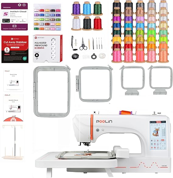 Poolin EOC06 +40 Colors Embroidery Threads+ 144pcs Richword Prewound Bobbins(Class 15),Embroidery Machine for Beginners