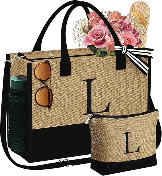 YOOLIFE Personalized Gifts for Women - Initial Jute Tote Bag & Makeup Bag, Birthday Gifts for Women Mom Wife Teacher Friend