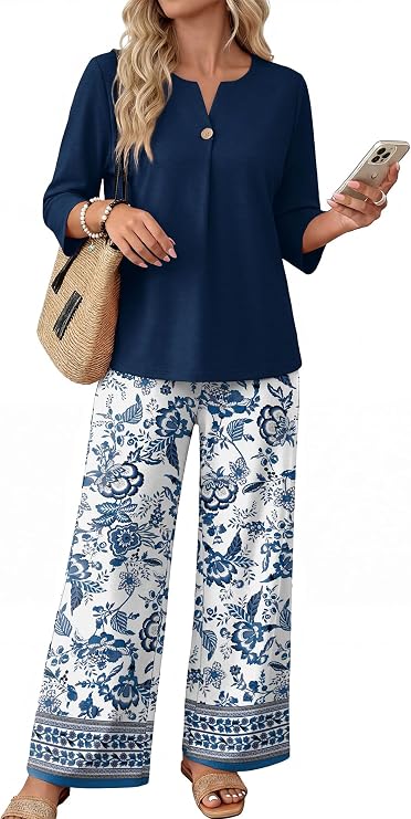 WIHOLL Two Piece Sets for Women 3/4 Length Sleeve Lounge Sets Summer Spring Vacation Travel Outfits Fashion Clothing