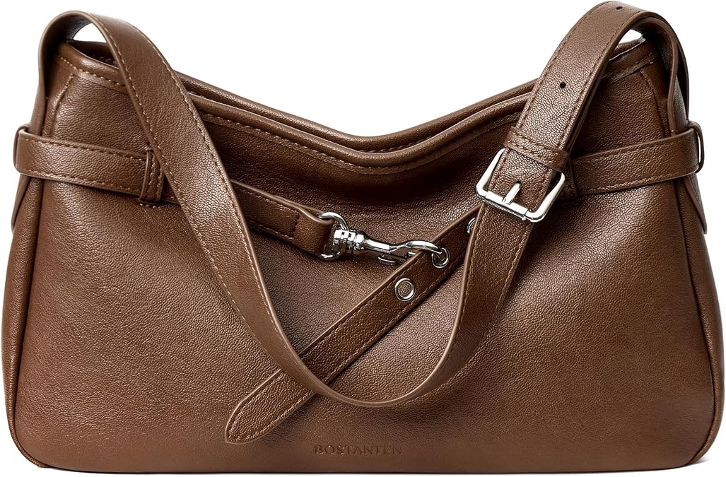 BOSTANTEN Medium Vegan Leather Shoulder Handbag for Women Vintage Lightweight Hobo Purse with Adjustable Wide Strap for Work
