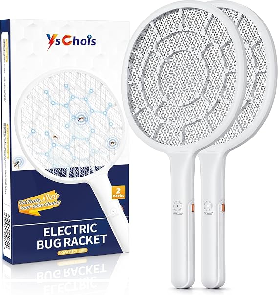 YsChois Electric Fly Swatter, Bug Zapper Companion, Mosquito Killer Racket | Gold Zone Voltage, 3mm Mesh, Apple-Like Weight, AA Battery Operated (not incl), Pro Swat Tips for Indoor & Outdoor, 2 Packs