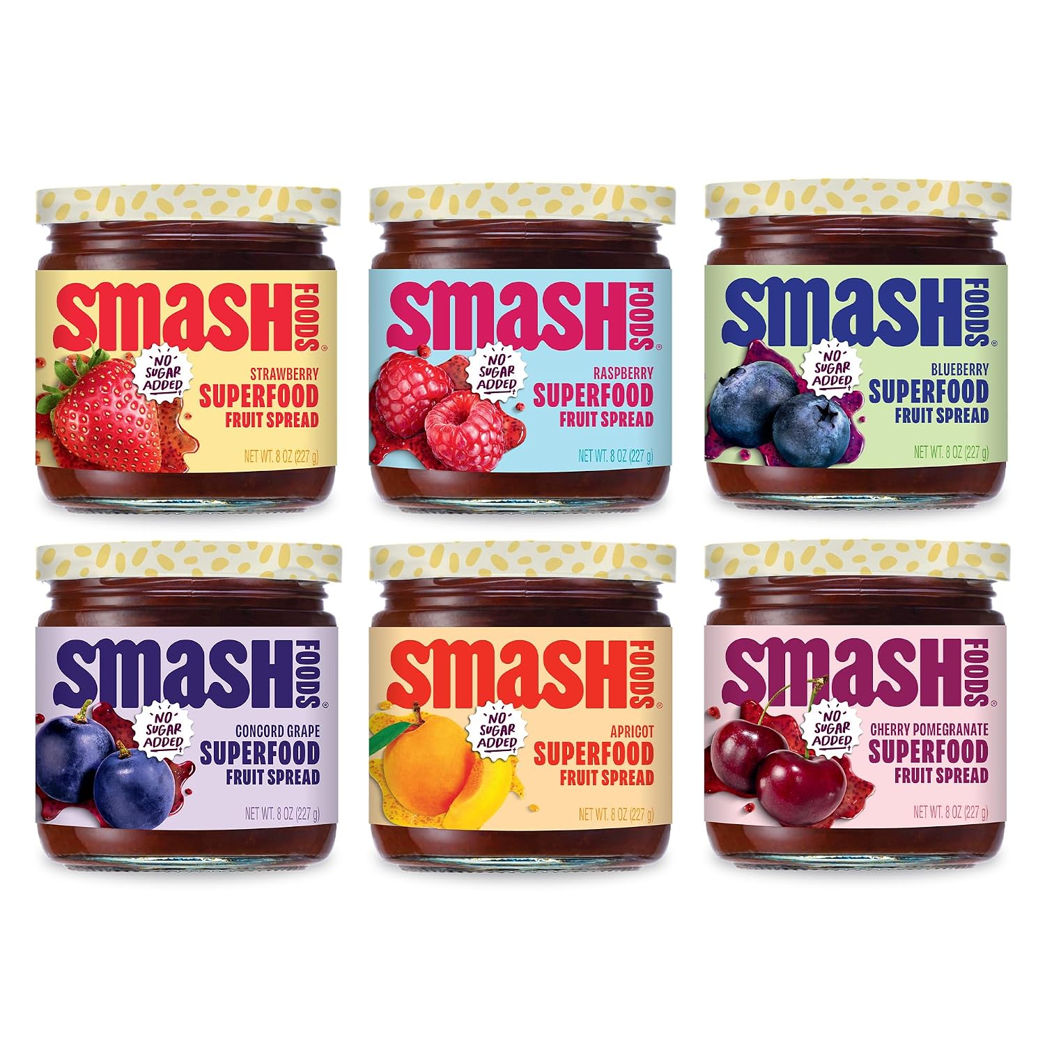 Smash Foods Jam Try Them All Variety Pack| Low-Calorie, No Sugar Added Keto Jam with Upcycled Fruit & Chia Seeds | Vegan, Paleo Superfood Spread 6 Jars